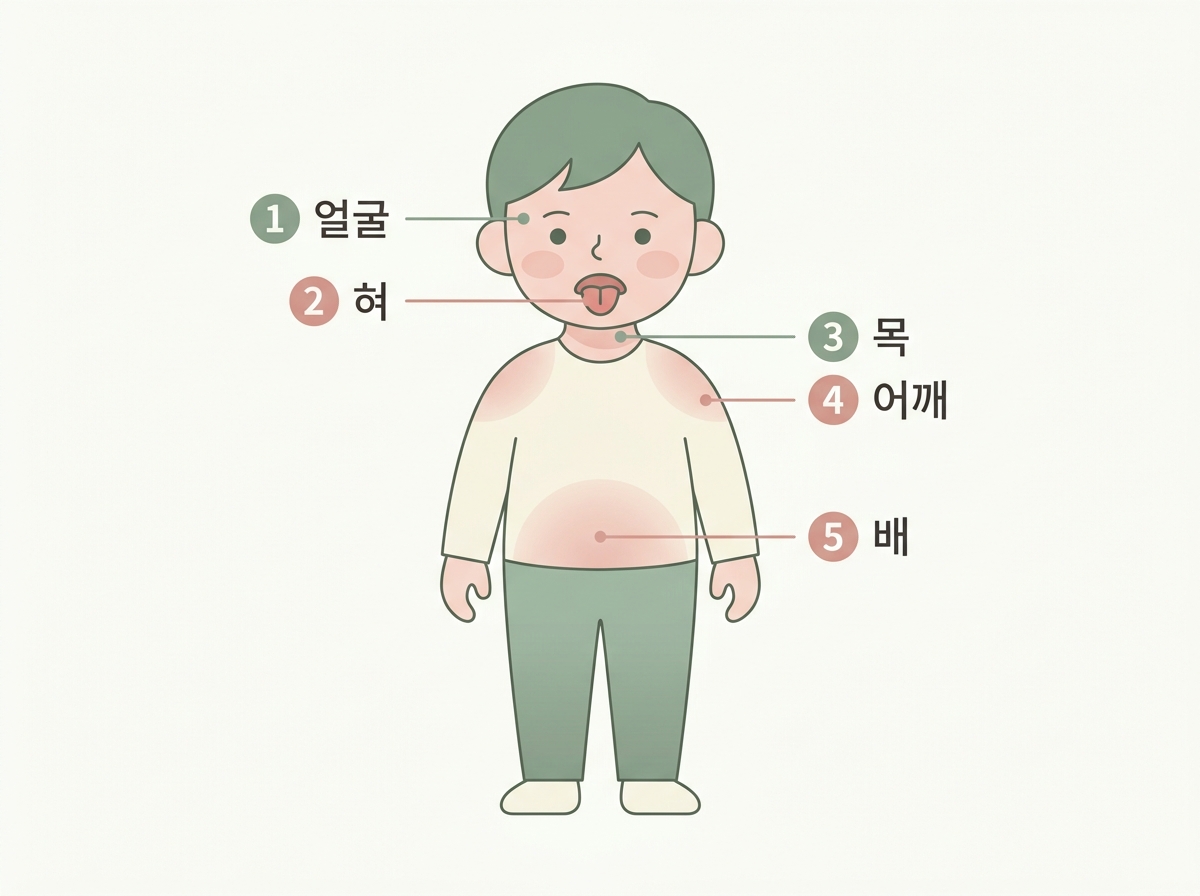 얼굴 혀 목 어깨 배 다섯 부위의 긴장 신호를 신체 그림에 번호로 표시한 인포그래픽