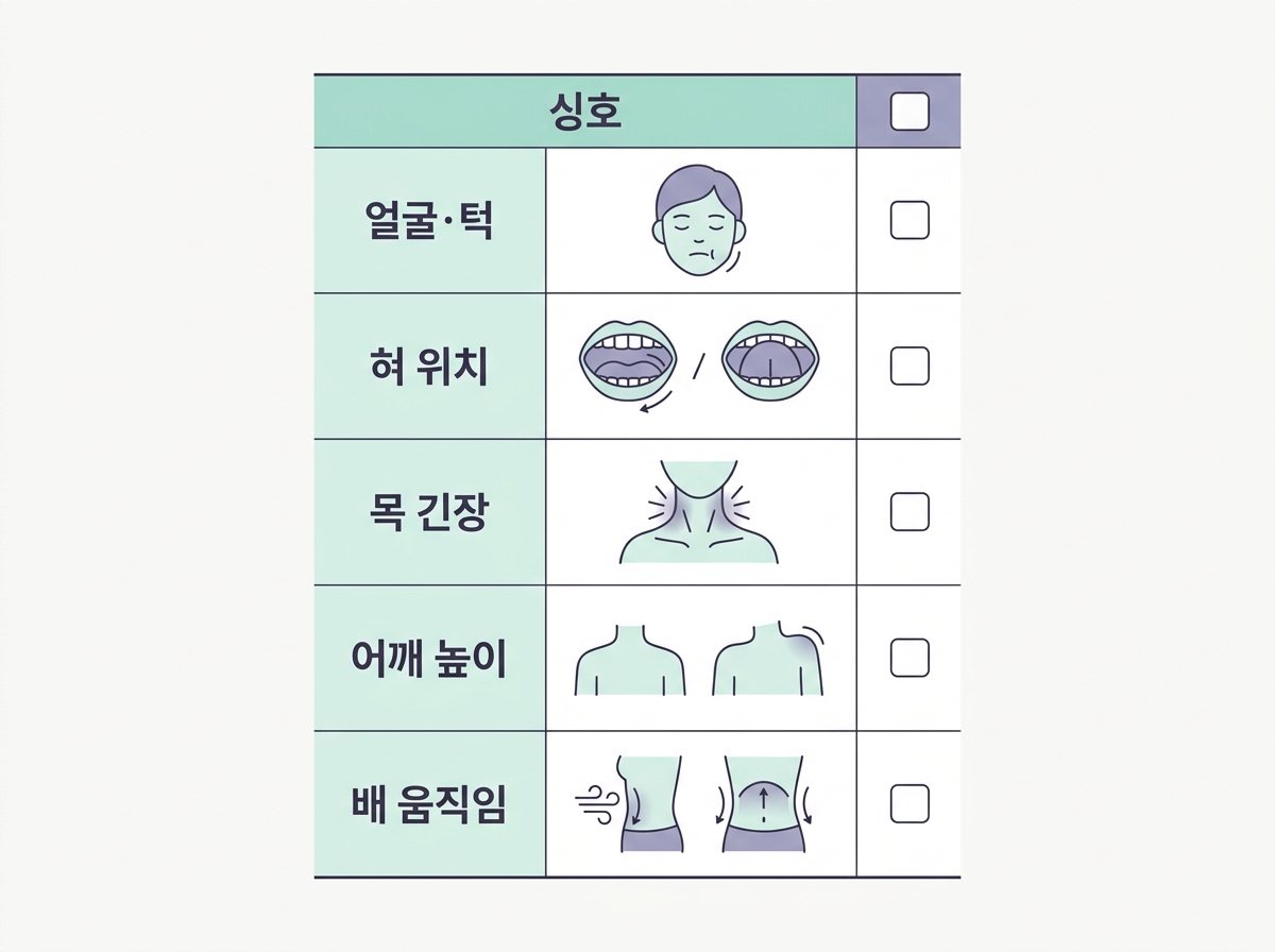 다섯 가지 긴장 신호별 관찰 포인트와 가정 루틴을 표로 정리한 체크리스트 인포그래픽