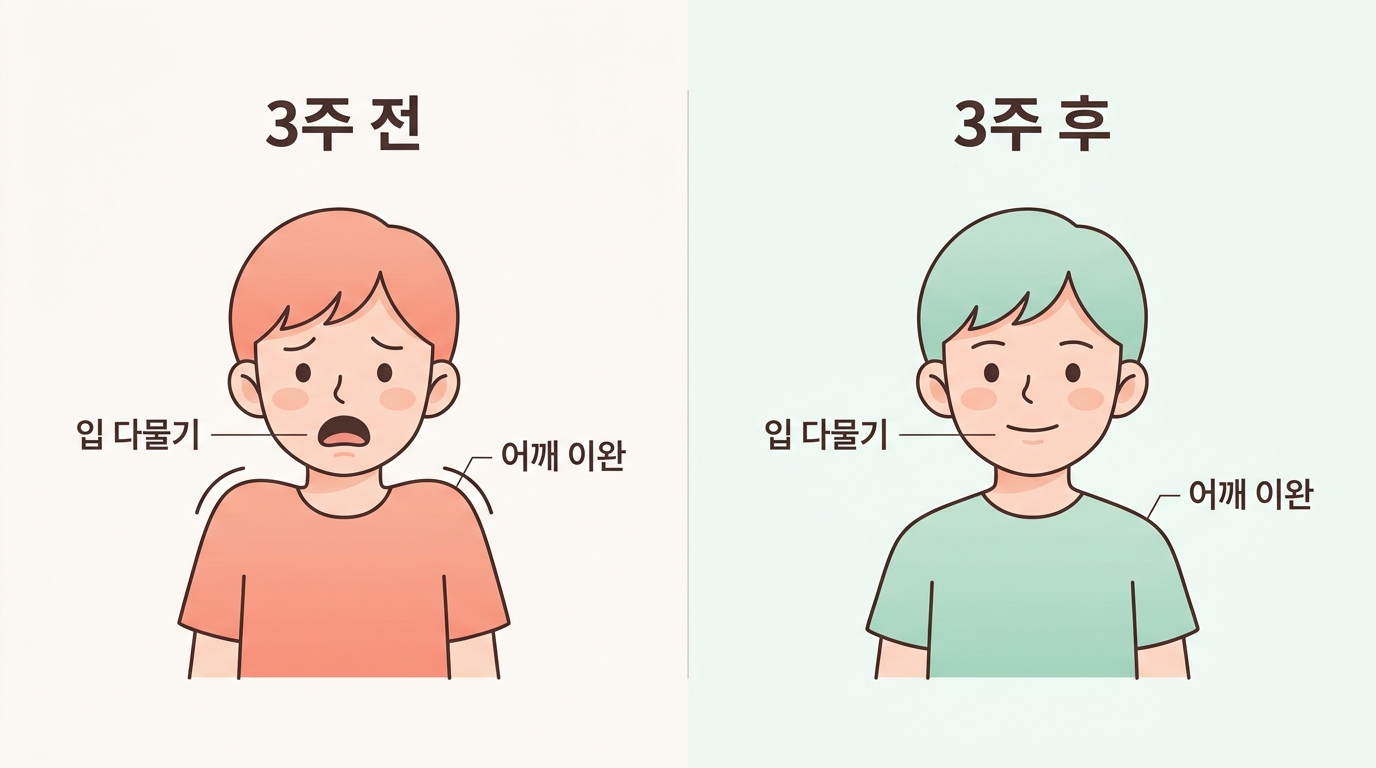 몸의 긴장을 먼저 다룬 뒤 3주간 지호의 입벌림이 줄어든 변화를 비교한 사례 인포그래픽
