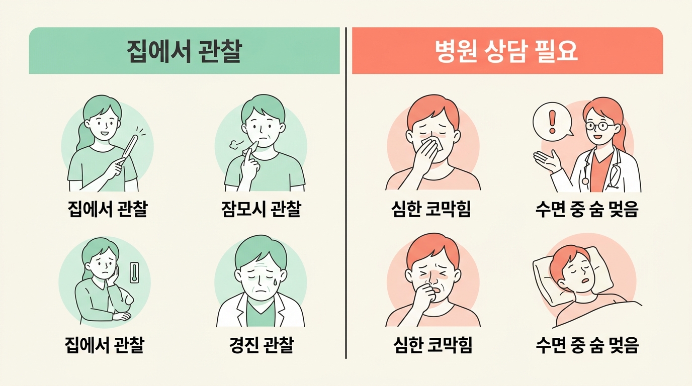 가정에서 관찰할 신호와 병원 상담이 필요한 위험 신호를 구분한 비교 인포그래픽