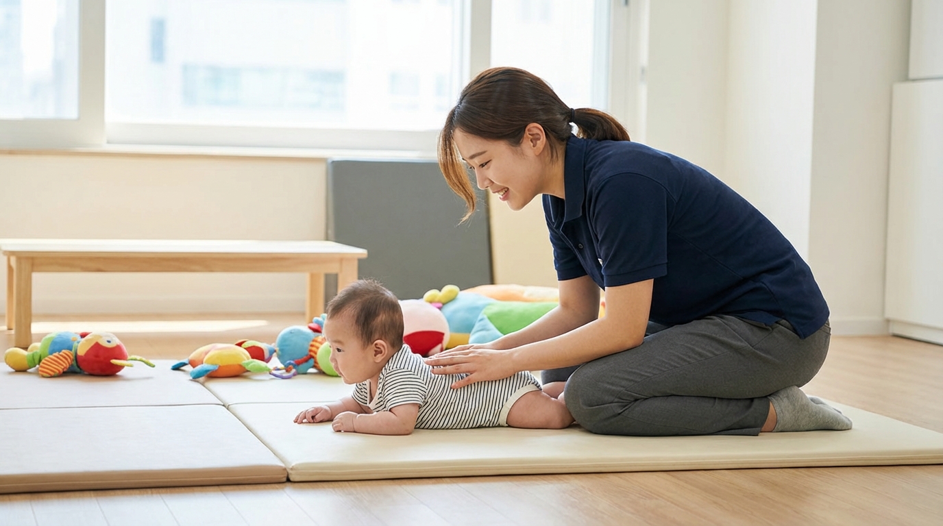 치료사가 아기의 터미타임을 평가하는 모습