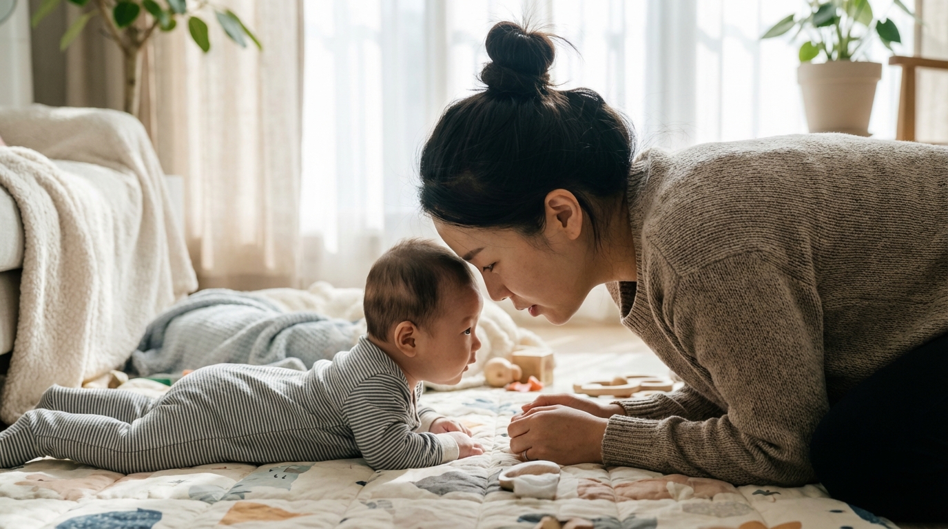 아기의 호흡 패턴을 관찰하는 엄마