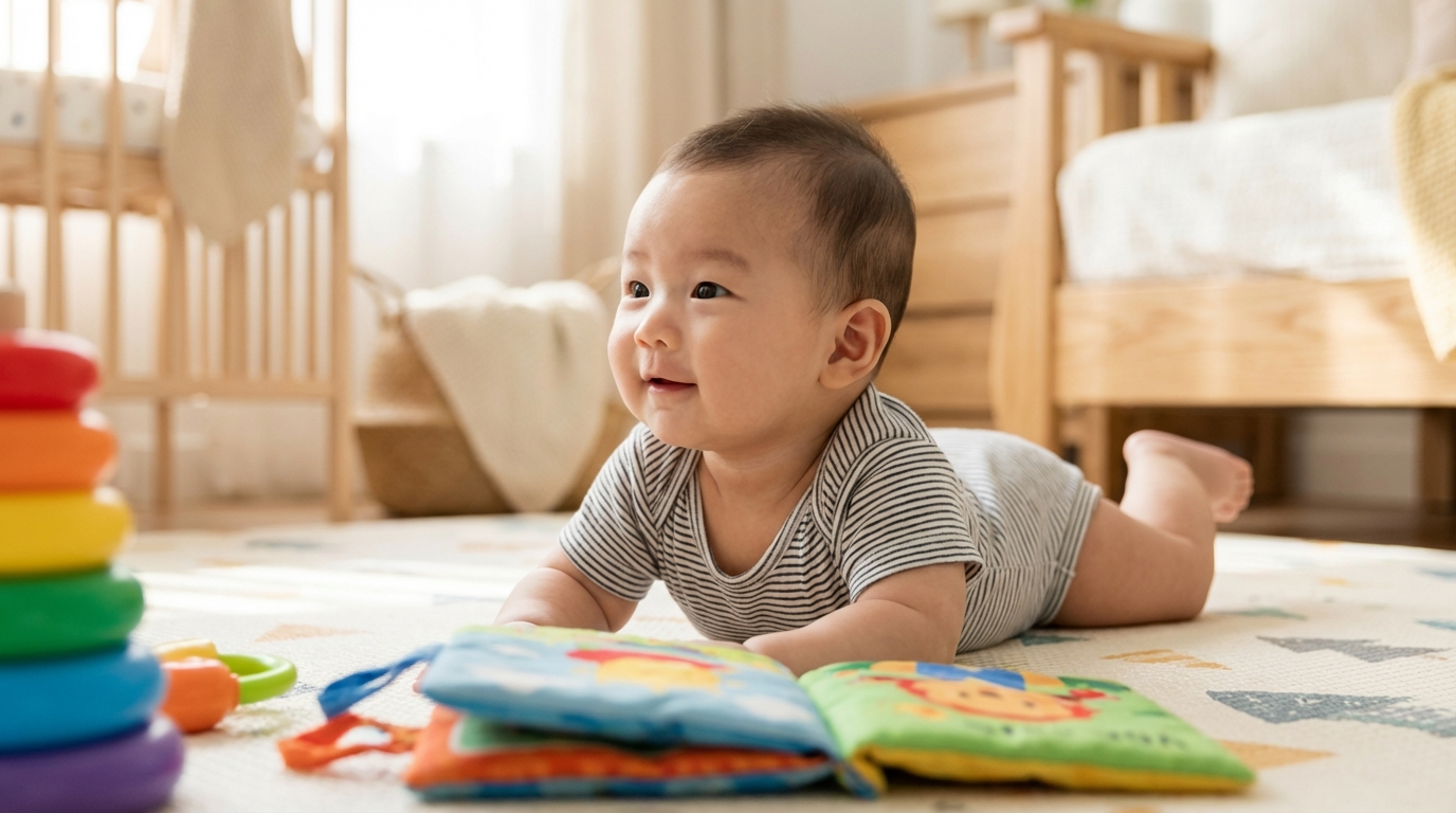 편안하게 터미타임을 하는 건강한 아기