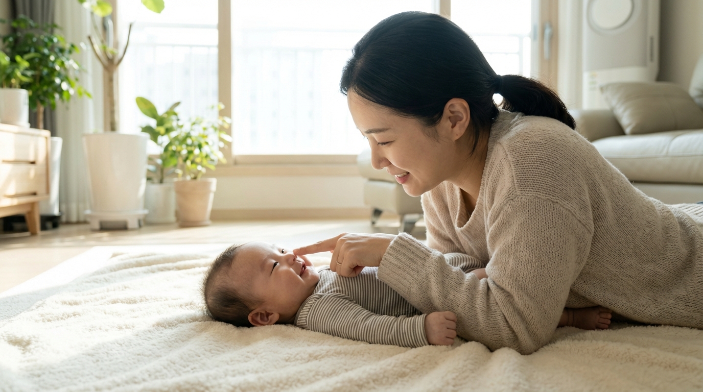 아기와 얼굴을 맞대고 코호흡을 유도하는 엄마