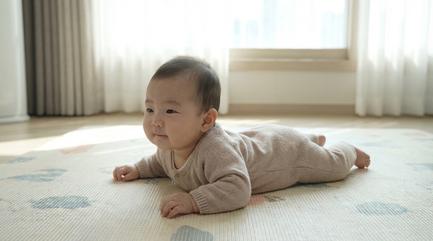 코호흡으로 터미타임을 하는 아기