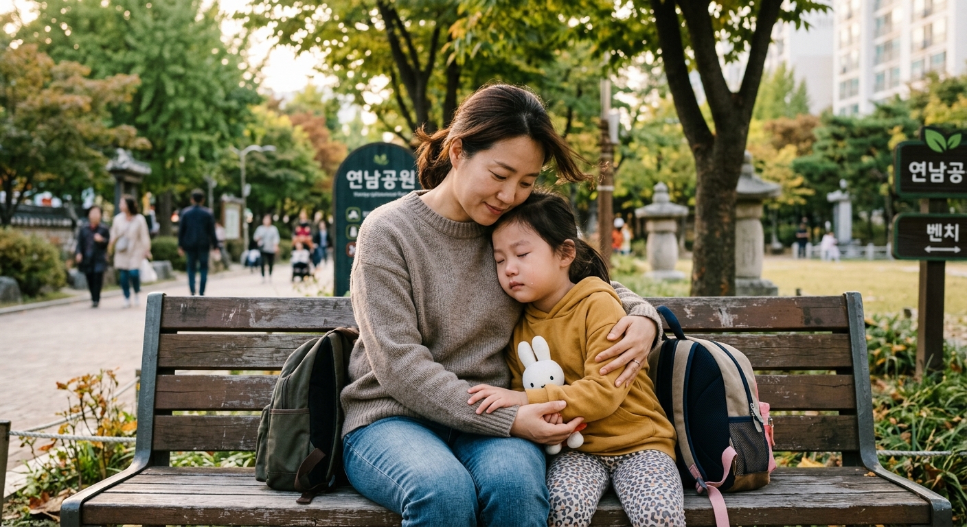 공원 벤치에 나란히 앉은 한국인 엄마와 아이
