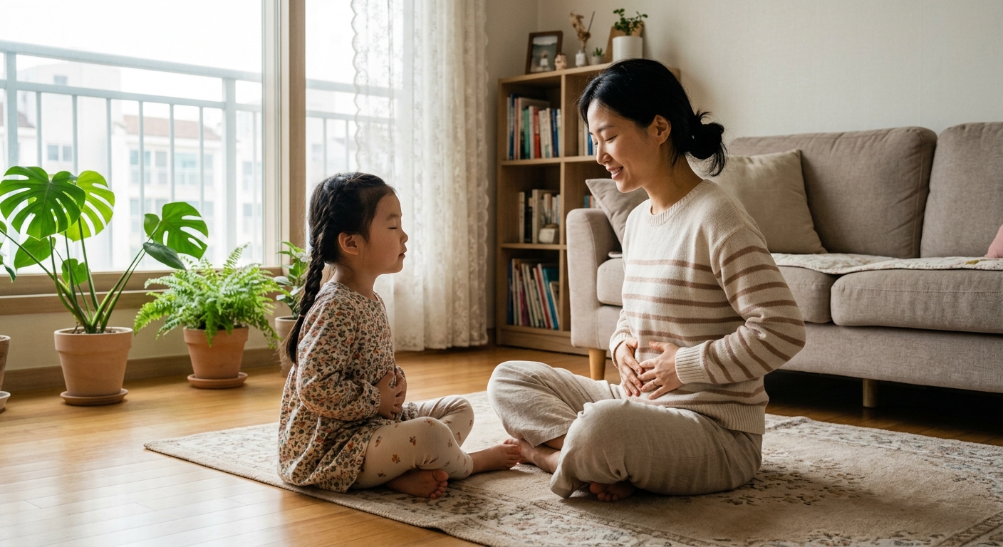 아이와 마주 앉아 복식호흡 연습하는 한국인 엄마