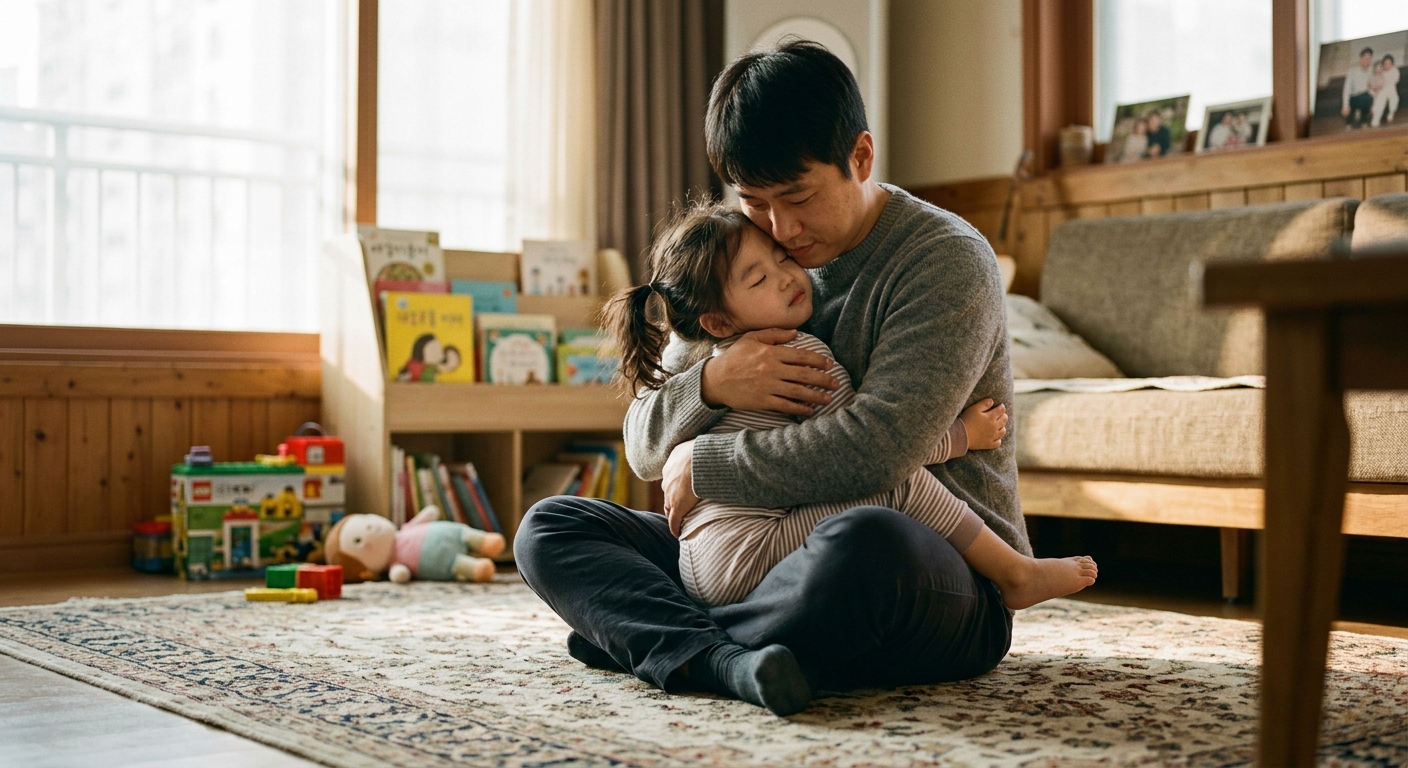 아이를 꽉 안아주는 한국인 아빠