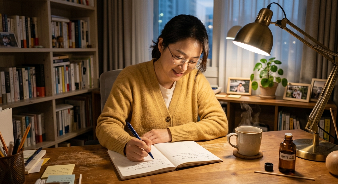 아이 행동 기록을 작성하는 한국인 엄마