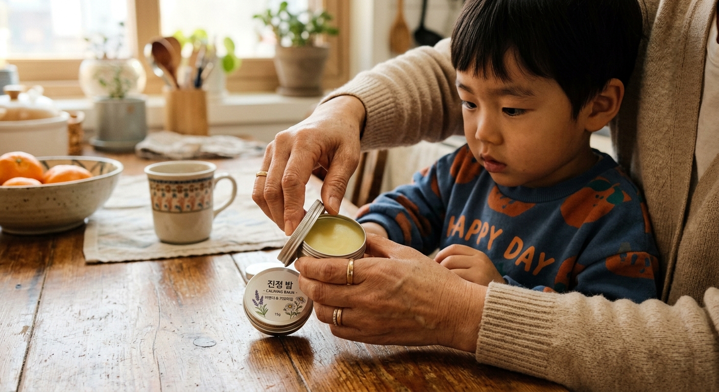 작은 향기 통을 여는 한국인 엄마 손과 관심 있게 보는 아이