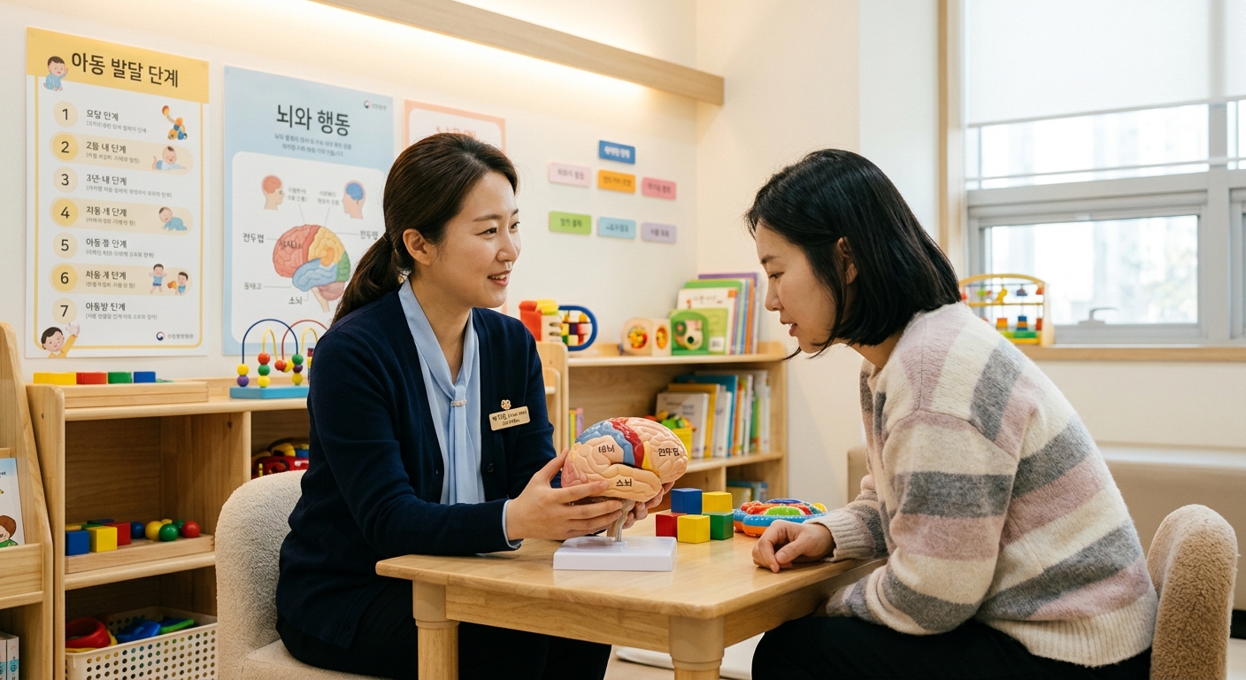 뇌 모형으로 설명하는 한국인 치료사와 경청하는 엄마