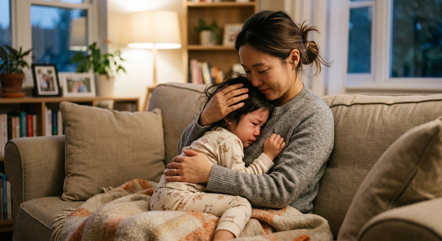 아이를 안아주며 진정시키는 한국인 엄마