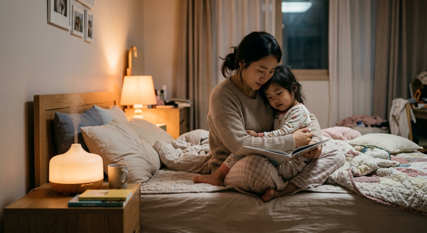 아로마 디퓨저와 함께 잠자리 루틴을 하는 한국인 엄마와 아이