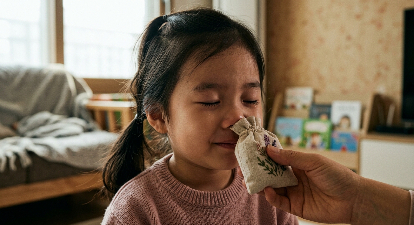 라벤더 향을 맡으며 진정되는 한국인 아이