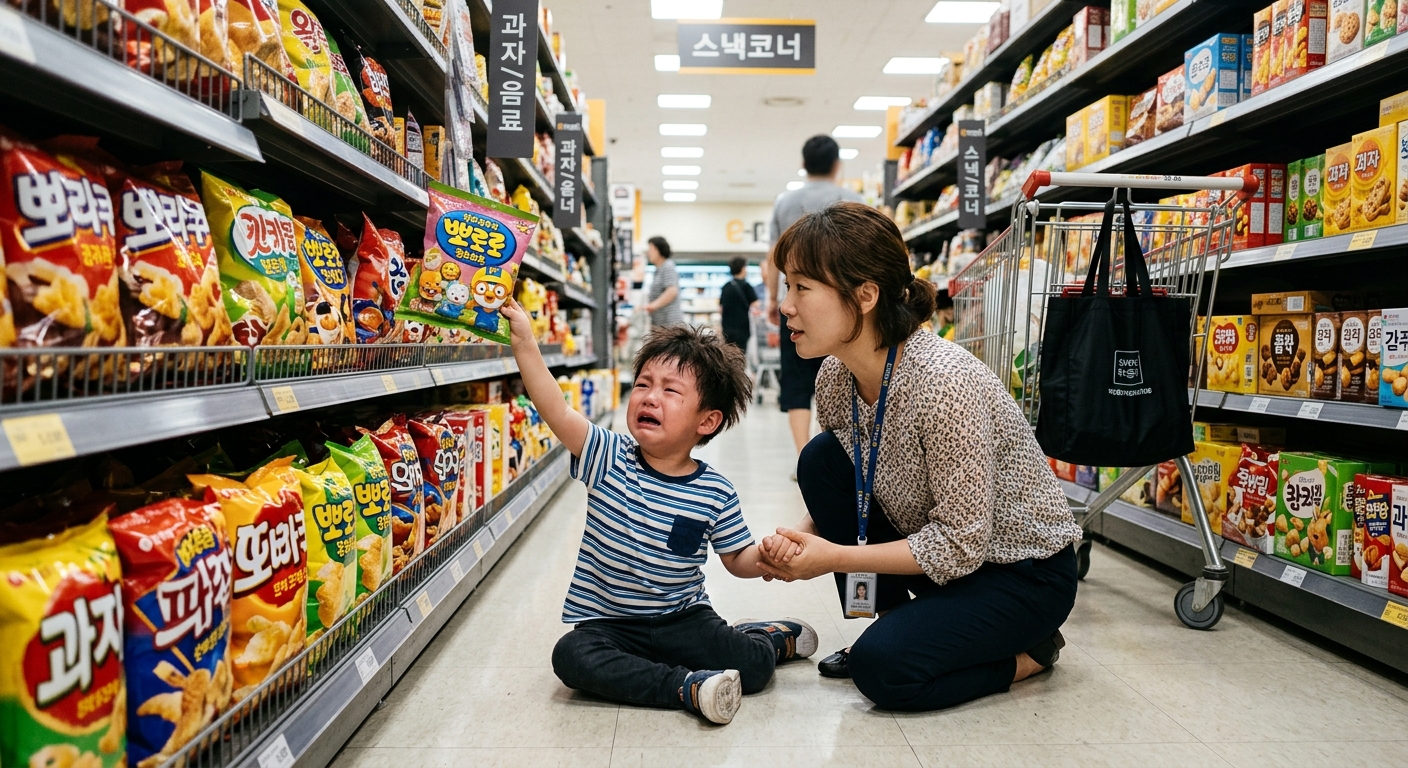 마트에서 울며 떼쓰는 한국인 아이와 달래는 엄마