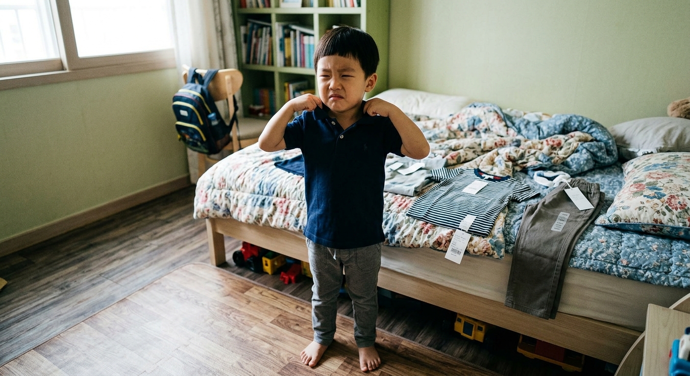 옷 태그를 불편해하며 잡아당기는 한국인 아이