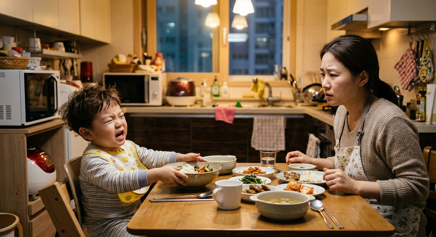 음식을 밀어내며 얼굴을 찡그리는 한국인 아이