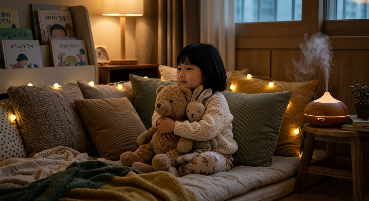 안전한 공간에서 인형을 안고 쉬는 한국인 아이