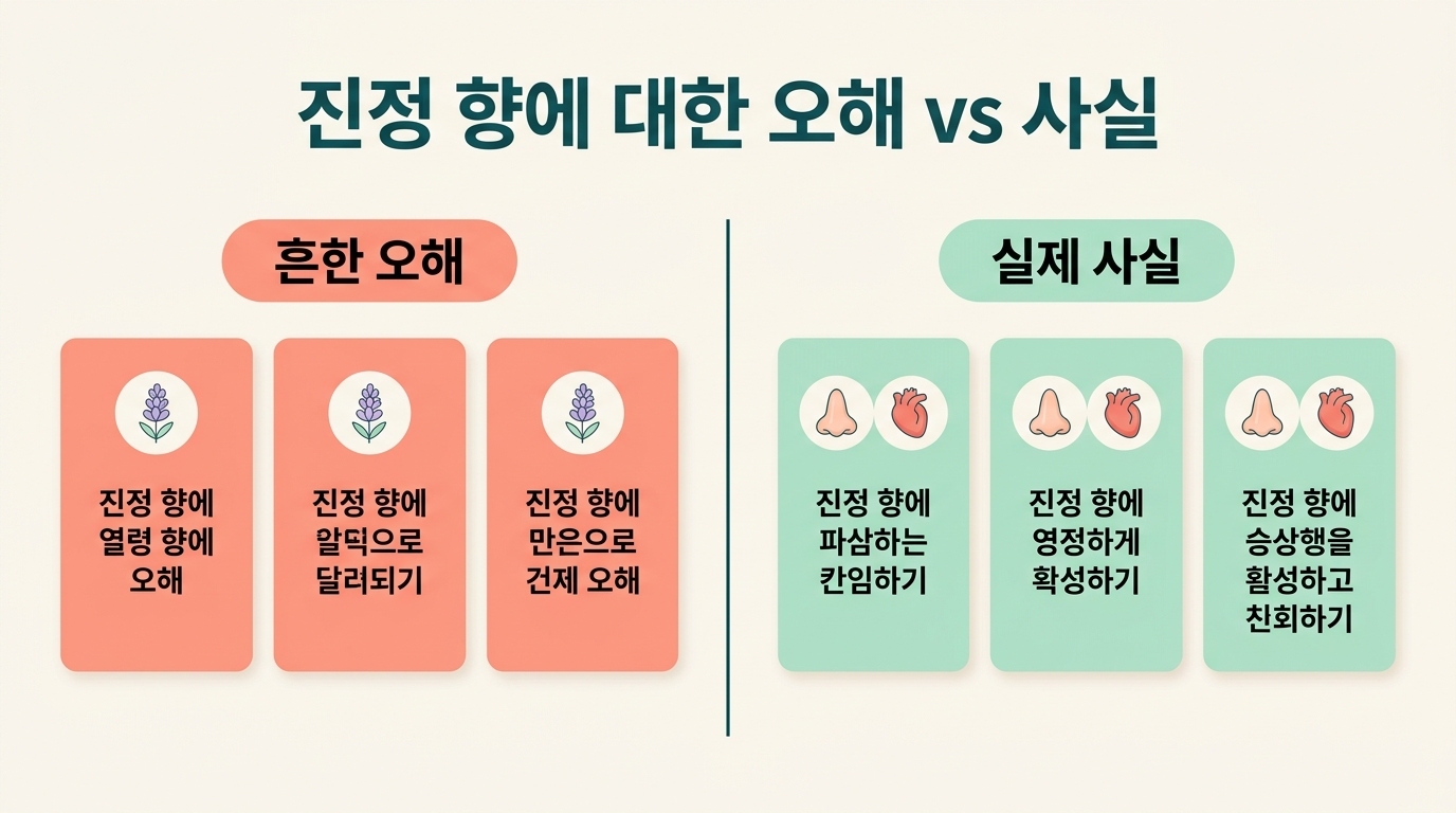 좋은 향에 대한 흔한 오해 세 가지와 후각 안전도의 실제 사실을 좌우로 나눠 비교한 인포그래픽