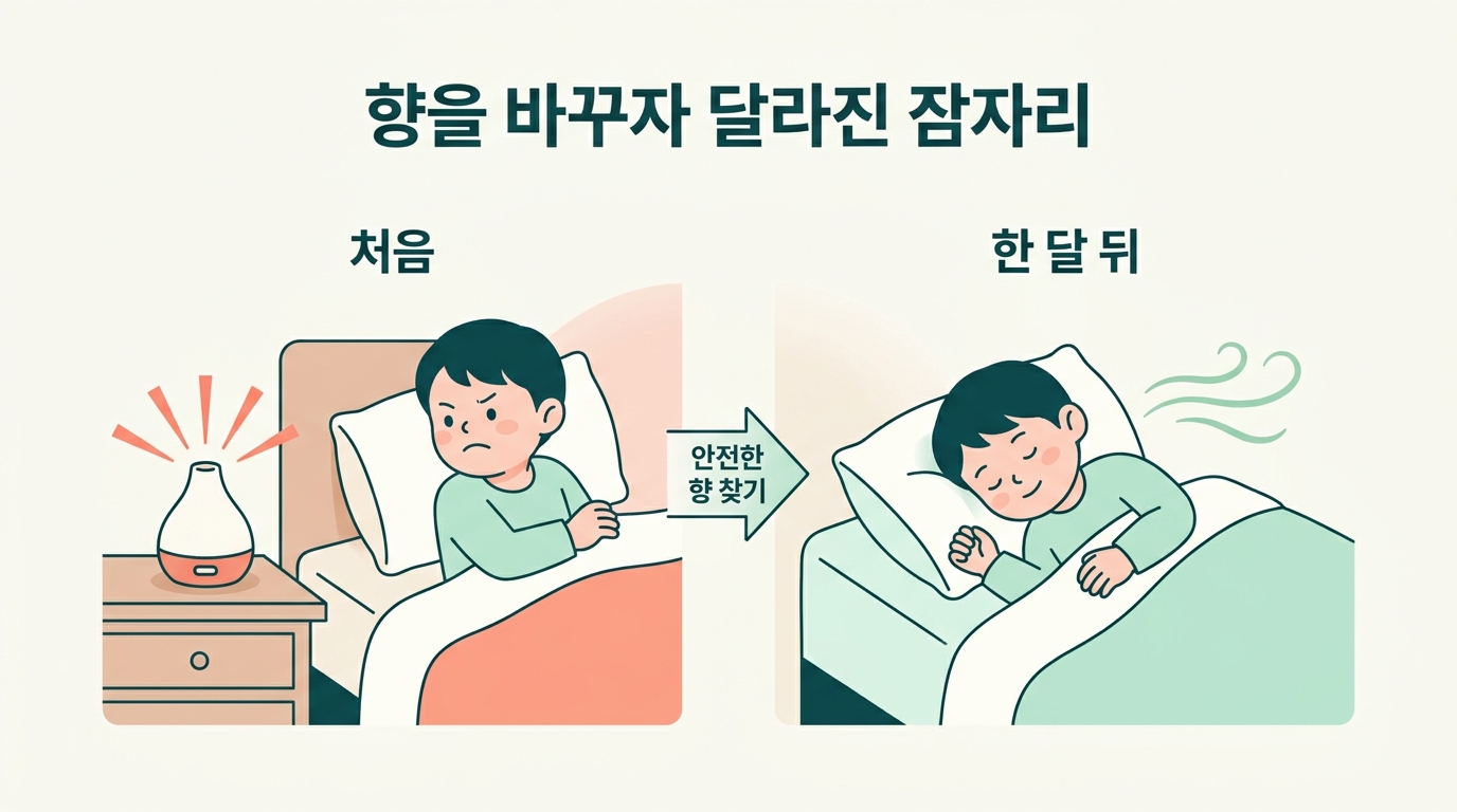 향을 강하게 쓰던 처음과 안전한 향을 옅게 찾은 한 달 뒤 아이의 잠자리 반응 변화를 비교한 전후 인포그래픽
