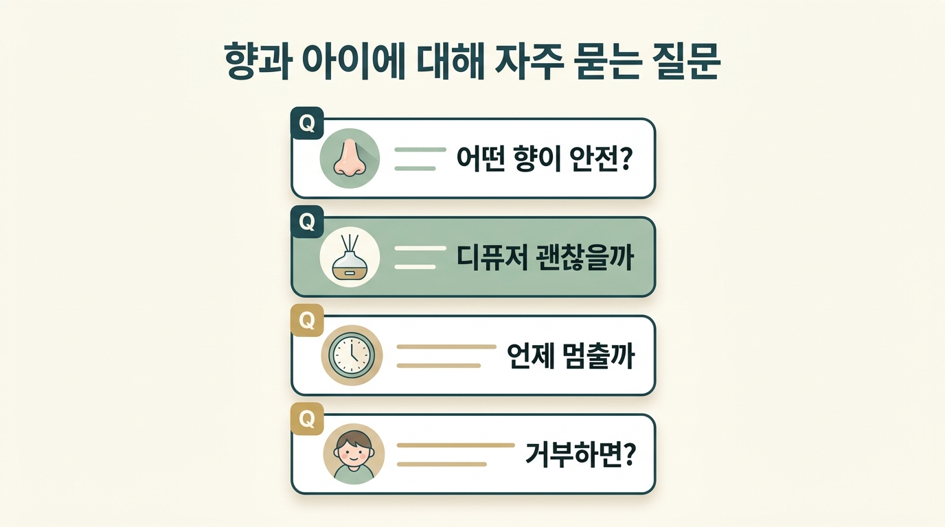 안전한 향 찾기 디퓨저 사용 거부 대처 등 향과 아이에 대해 자주 묻는 질문 네 가지를 정리한 카드형 인포그래픽