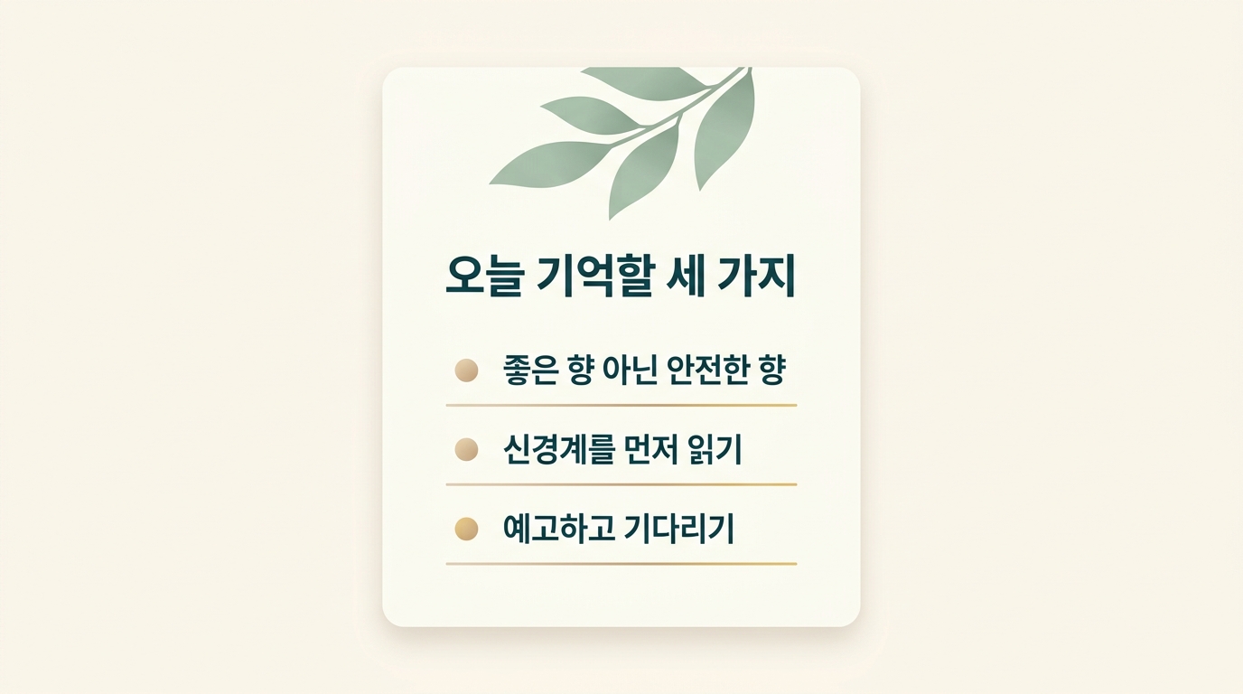 좋은 향이 아닌 안전한 향, 신경계 먼저 읽기, 예고하고 기다리기 세 가지 핵심 메시지를 정리한 요약 카드 인포그래픽
