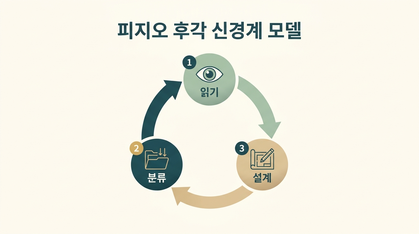 읽기 분류 설계 세 단계가 순환하는 피지오 후각 신경계 모델을 원형 흐름도로 표현한 인포그래픽