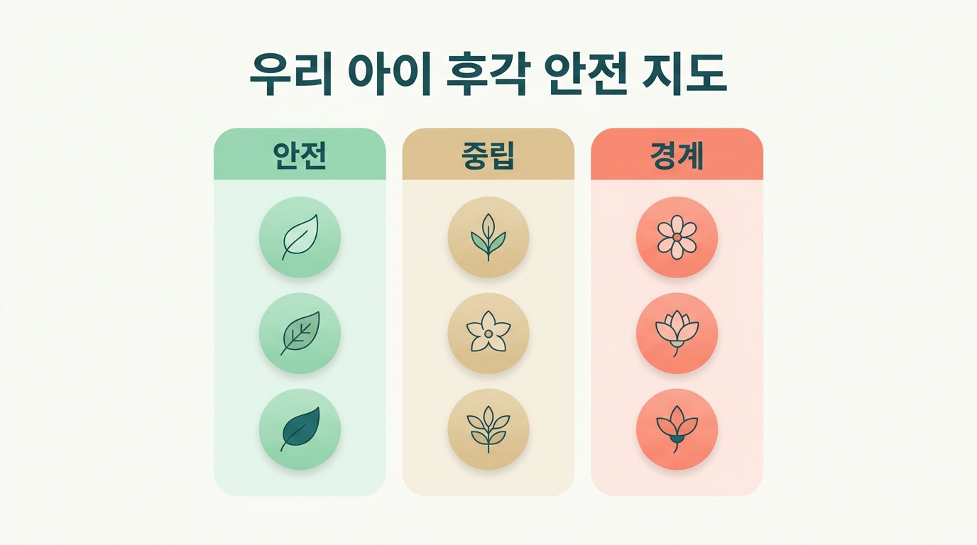 여러 향을 안전 중립 경계 세 칸으로 나눠 색으로 분류한 우리 아이 후각 안전 지도 인포그래픽