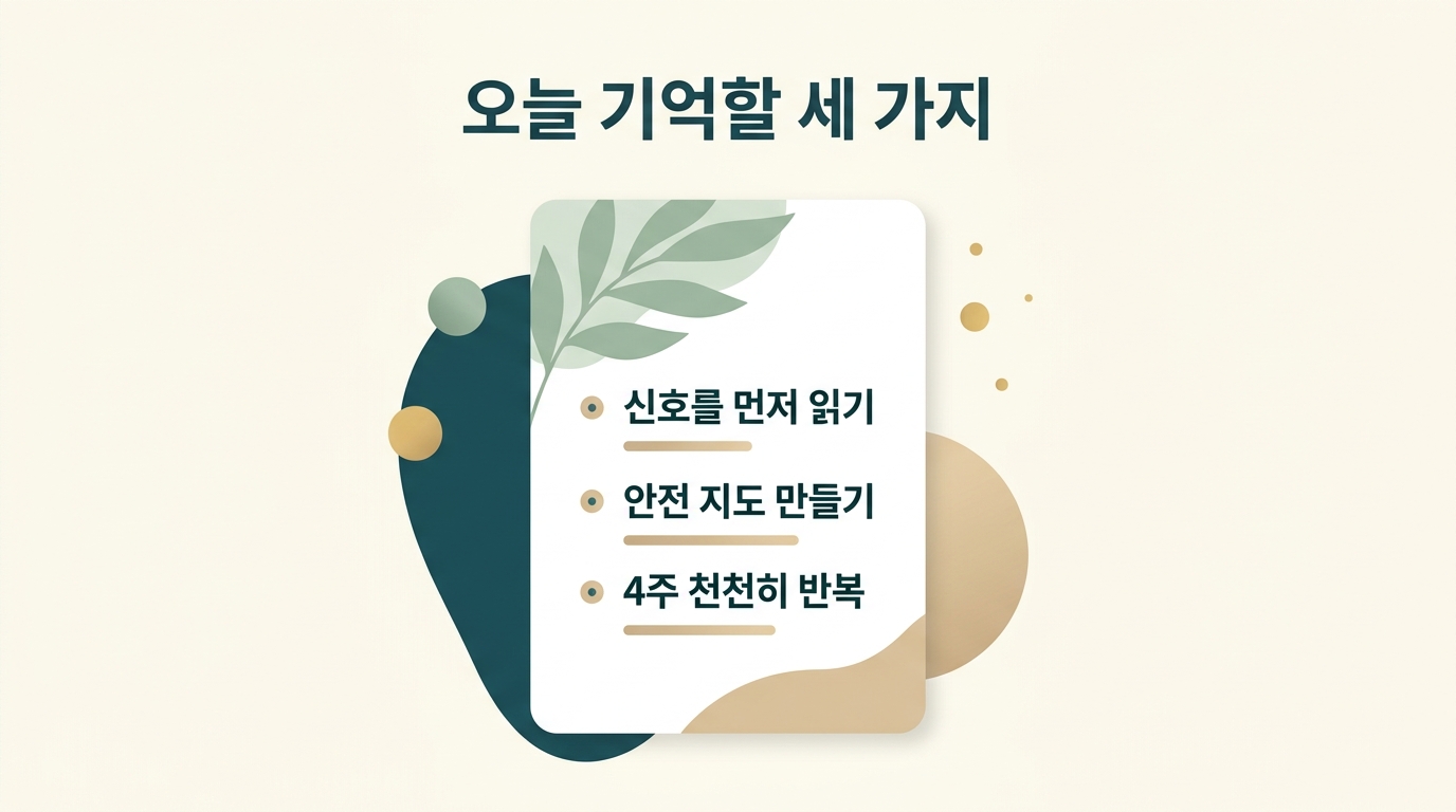 신호를 먼저 읽기 안전 지도 만들기 4주 천천히 반복하기 세 가지 핵심을 정리한 후각 안전도 요약 카드 인포그래픽