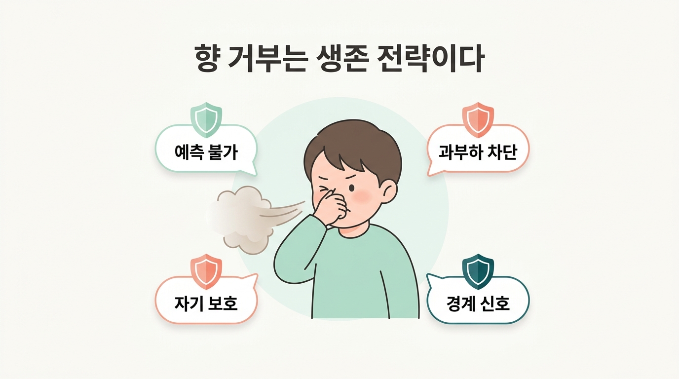 발달장애 아이의 향 거부를 예측 불가 차단 자기 보호 경계 신호라는 네 가지 생존 전략으로 재해석한 인포그래픽