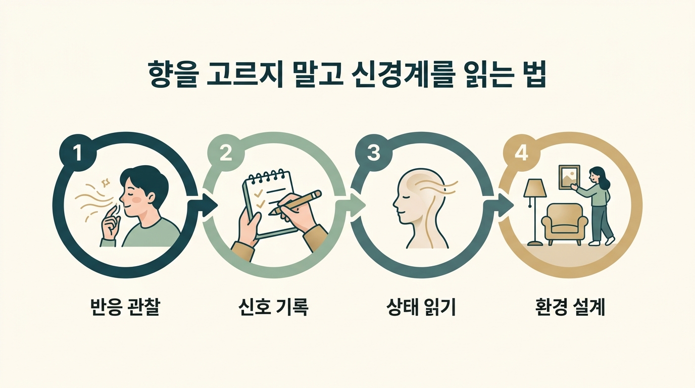 반응 관찰 신호 기록 상태 읽기 환경 설계로 이어지는 향 대신 신경계를 읽는 4단계 플로우 차트 인포그래픽
