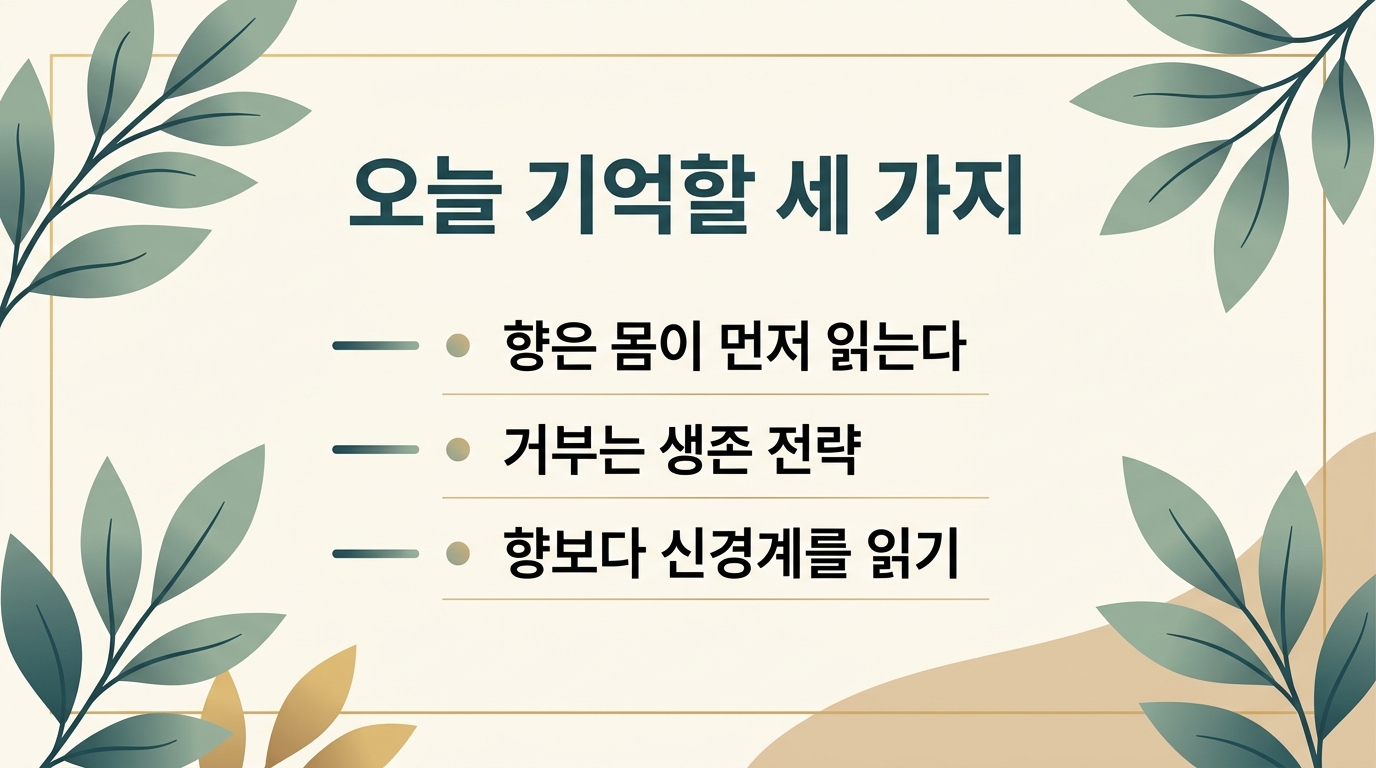 향은 몸이 먼저 읽는다 거부는 생존 전략 향보다 신경계를 읽기 세 가지 핵심을 정리한 후각 신경계 요약 카드 인포그래픽