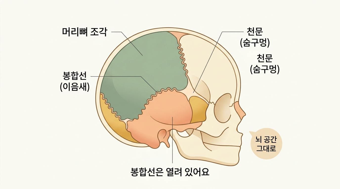아기 머리뼈의 여러 조각과 봉합선, 천문 위치를 보여주는 두개골 단면 교육용 인포그래픽