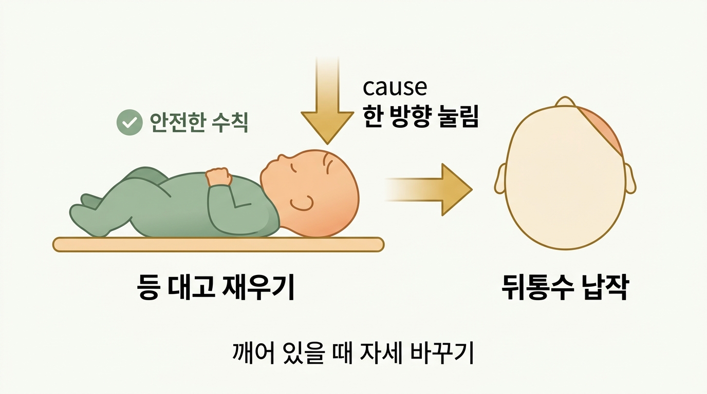 등 대고 재우기와 한 방향 눌림으로 뒤통수가 납작해지는 관계를 설명한 인포그래픽