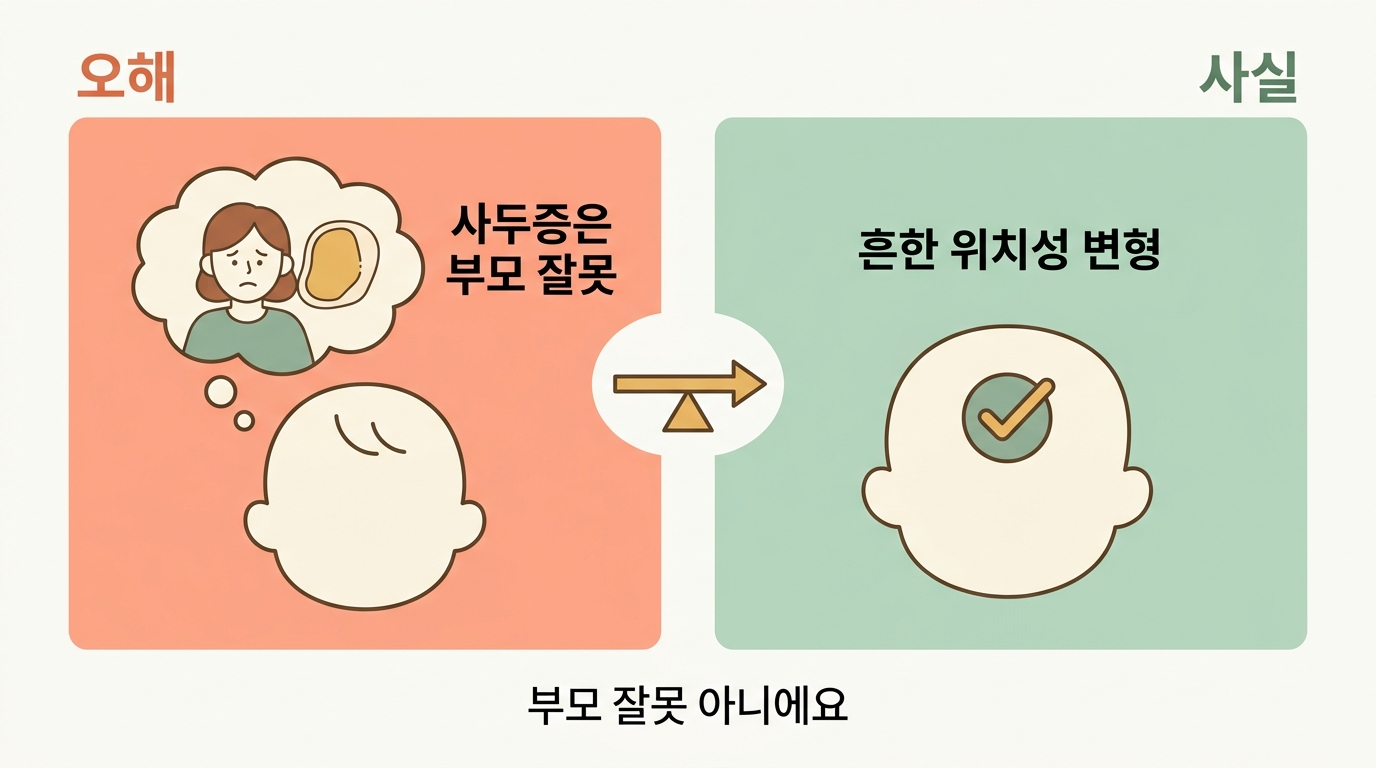 사두증은 부모 잘못이라는 오해와 흔한 위치성 변형이라는 사실을 좌우로 비교한 인포그래픽