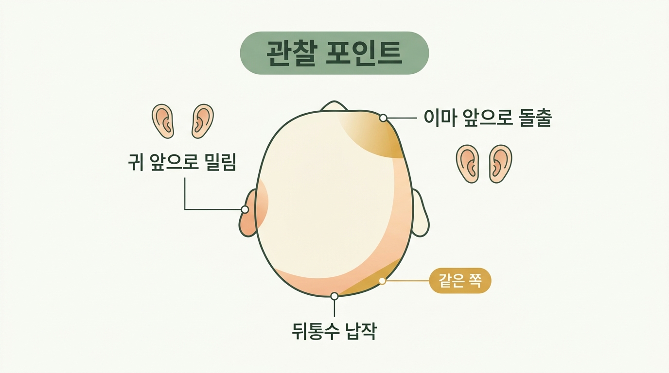 사두증에서 귀가 앞으로 밀리고 이마가 돌출되는 관찰 포인트를 표시한 인포그래픽