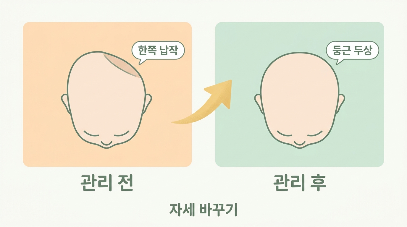 뒤통수가 납작했던 아이의 자세 관리 전과 후 두상 변화를 좌우로 비교한 사례 인포그래픽