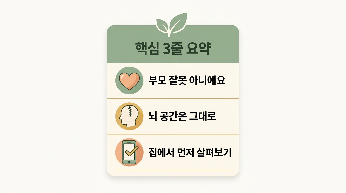 사두증 자가 체크의 핵심 3줄 요약을 정리한 교육용 인포그래픽