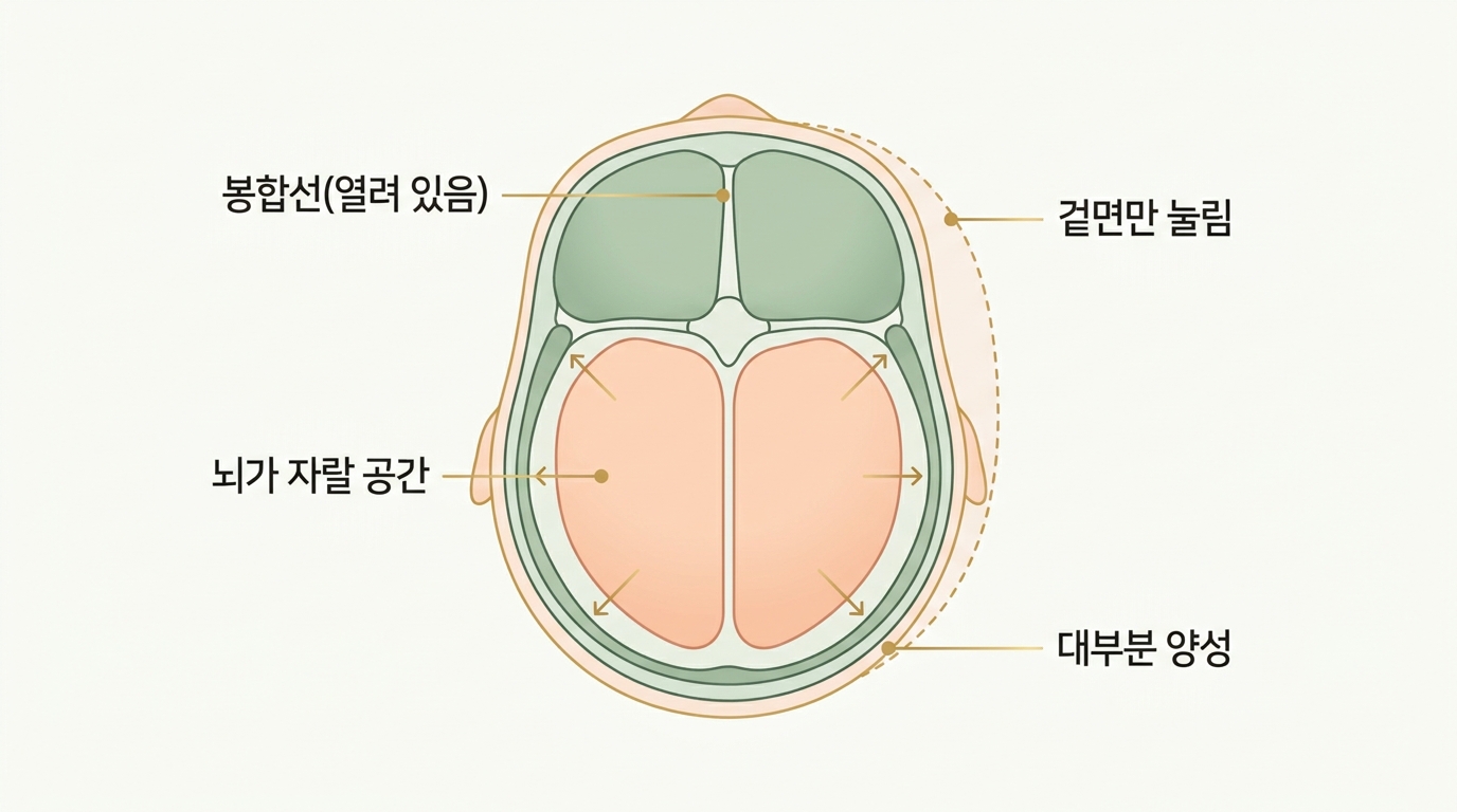 아기 머리뼈 봉합선이 열려 있어 뇌가 자랄 공간이 그대로임을 보여주는 양성 예후 인포그래픽