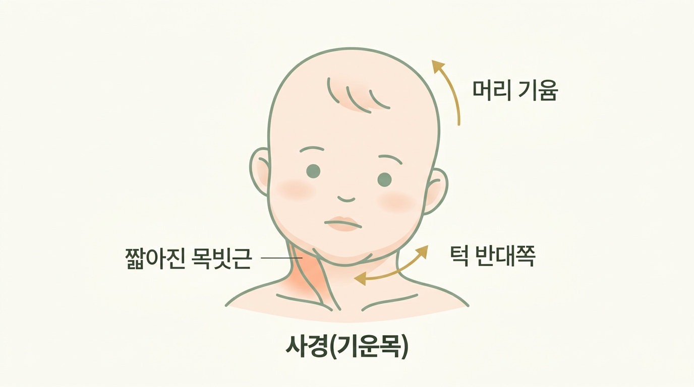 목빗근이 짧아지면 머리는 그쪽으로 기울고 턱은 반대쪽으로 돌아가는 사경의 원리 인포그래픽