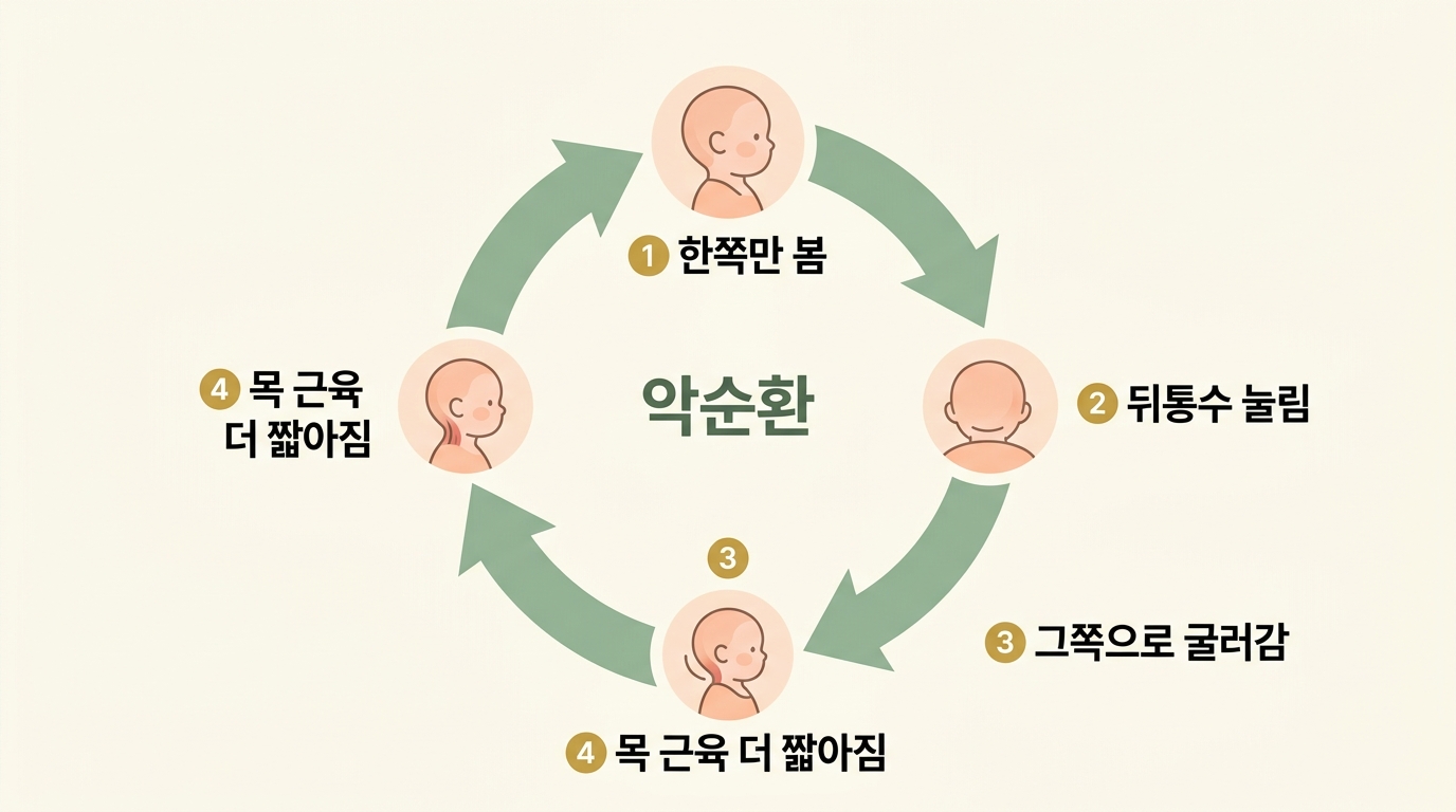 한쪽만 보는 자세가 뒤통수 눌림과 목 근육 단축으로 이어지는 사두증과 사경의 악순환 인포그래픽