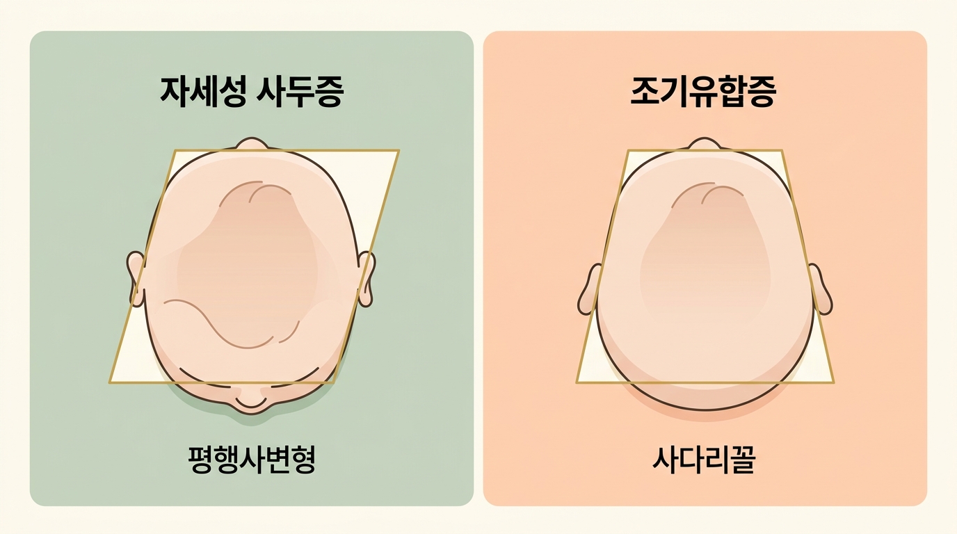 위에서 본 자세성 사두증의 평행사변형과 두개골 조기유합증의 사다리꼴 머리 모양을 감별 비교한 인포그래픽