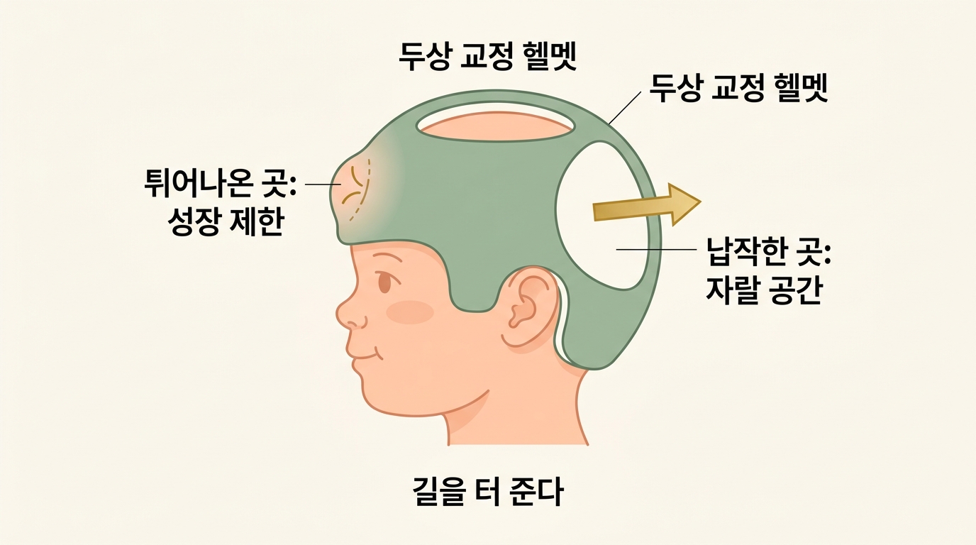 두상 교정 헬멧이 튀어나온 곳은 성장을 제한하고 납작한 곳은 자랄 공간을 터 주는 원리 인포그래픽
