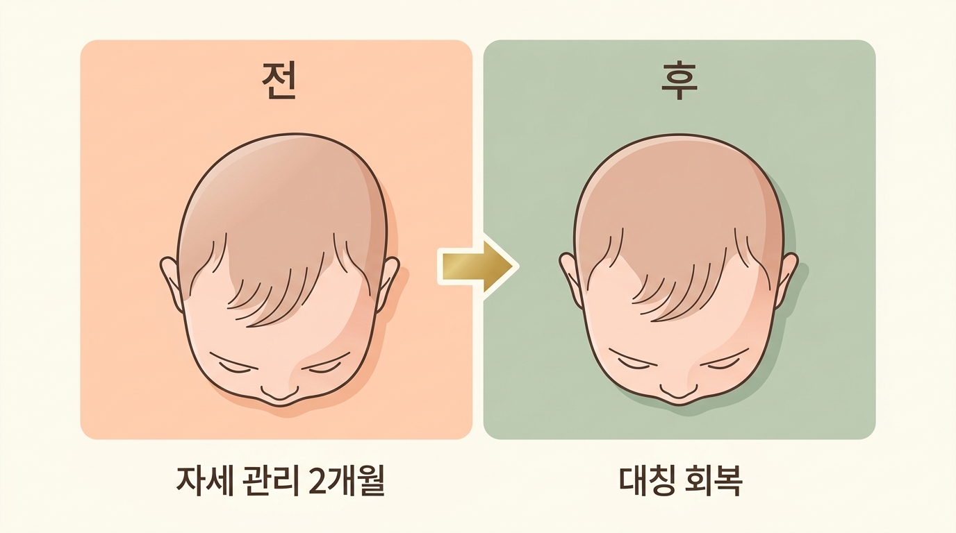 자세 관리 두 달 전후로 눌린 머리가 대칭을 찾아가는 실제 사례 전후 비교 인포그래픽