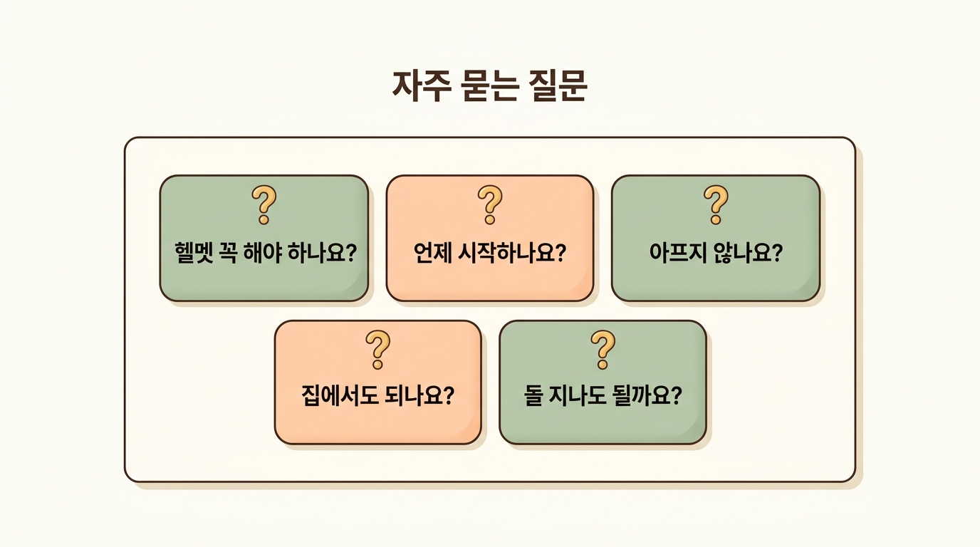 헬멧을 중심으로 한 사두증 부모의 자주 묻는 질문 다섯 가지를 카드로 정리한 인포그래픽