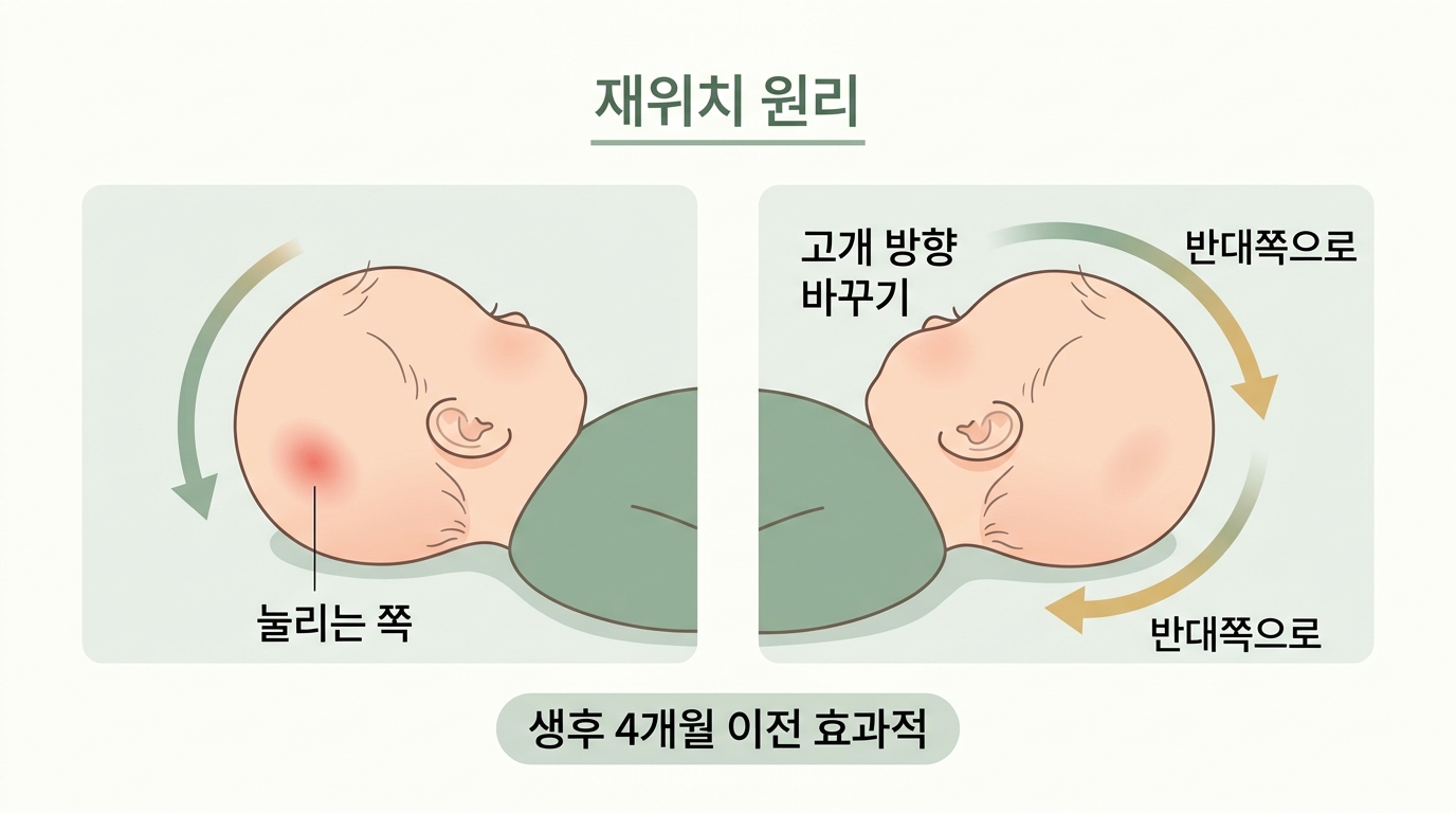 한쪽으로만 눌리던 아기 머리를 반대 방향으로 돌려 압력을 분산하는 재위치 원리를 좌우로 비교한 인포그래픽