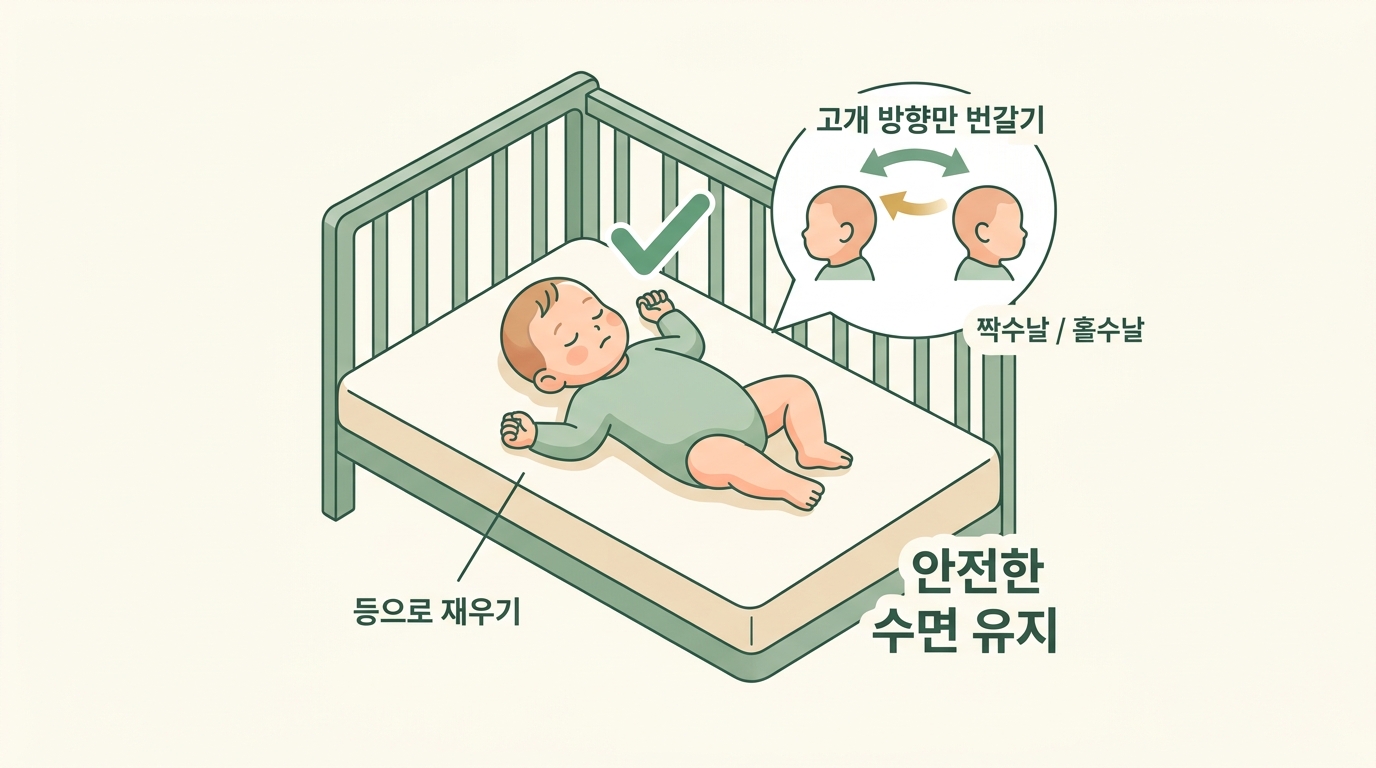 아기를 등으로 재우는 원칙은 유지하면서 깨어 있을 때 고개 방향만 번갈아 바꿔 주는 방법을 정리한 인포그래픽