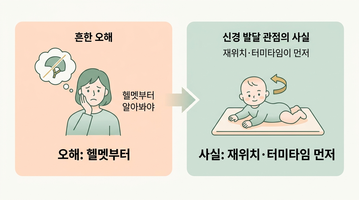 헬멧부터 알아봐야 한다는 오해와 재위치와 터미타임이 먼저라는 사실을 좌우로 비교한 인포그래픽