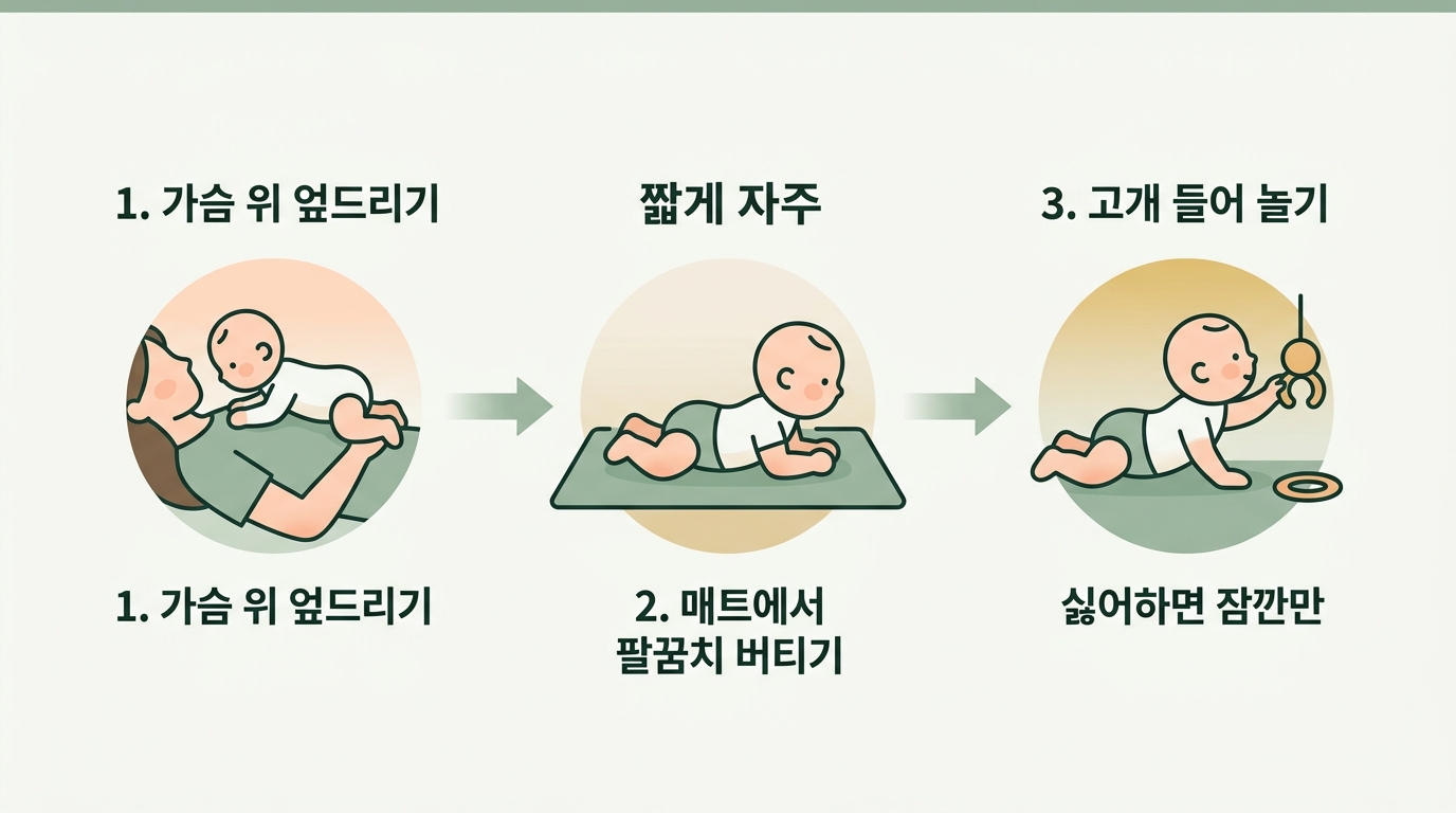 가슴 위 엎드리기부터 매트에서 팔꿈치 버티기까지 월령별 터미타임 진행 단계를 번호로 정리한 인포그래픽