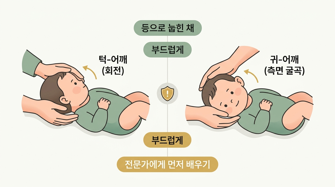턱-어깨 회전과 귀-어깨 측면 굴곡 두 가지 목 스트레칭 기본 동작을 나란히 보여 주는 인포그래픽